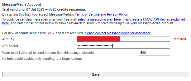 Registering SMS4Act! with a MessageMedia Account