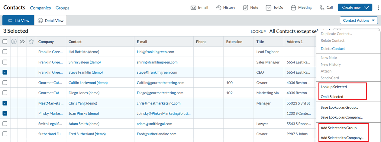 grid view contact action menu